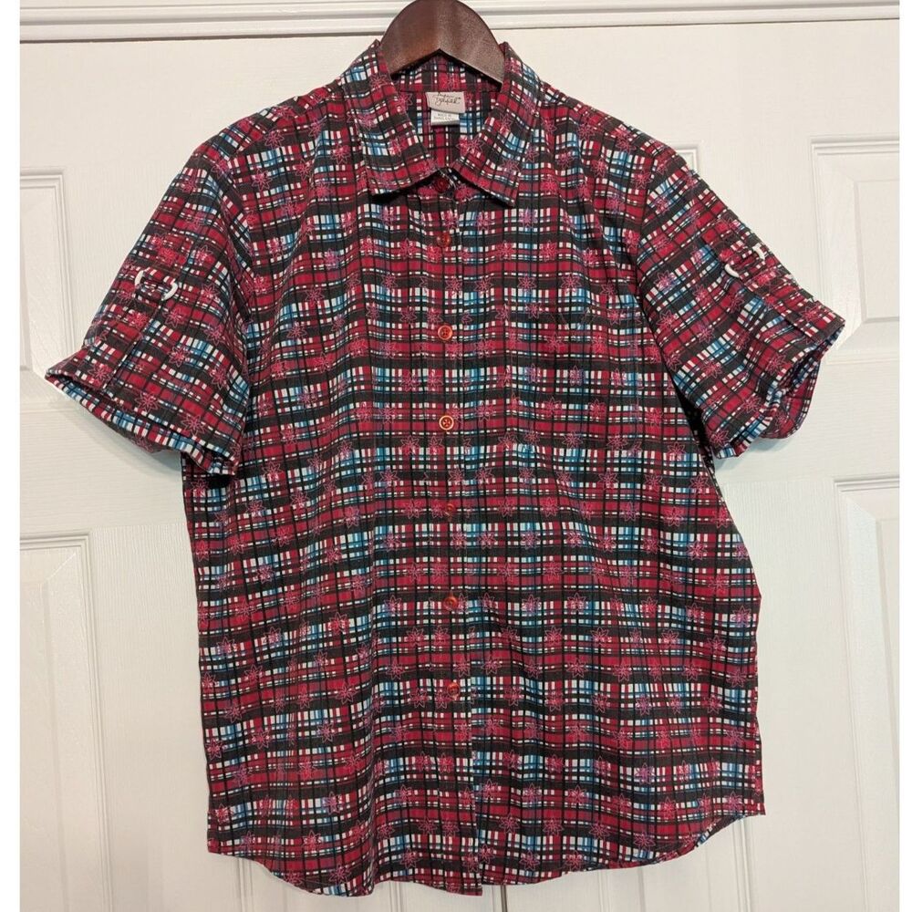Vintage Adrienne Delafield Short Sleeve Button Down Shirt Plaid Floral Large L